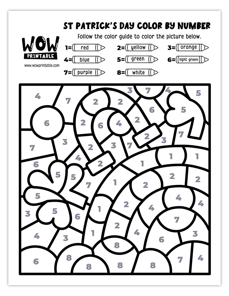 Color by number worksheet featuring a colorful rainbow, shamrocks, and festive symbols for St. Patrick's Day fun.