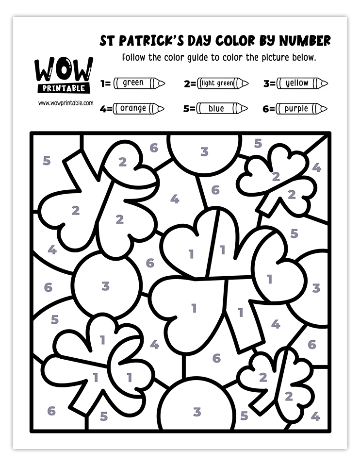 Color by number worksheet featuring shamrocks and gold coins for St. Patrick's Day, a fun and engaging activity for kids.