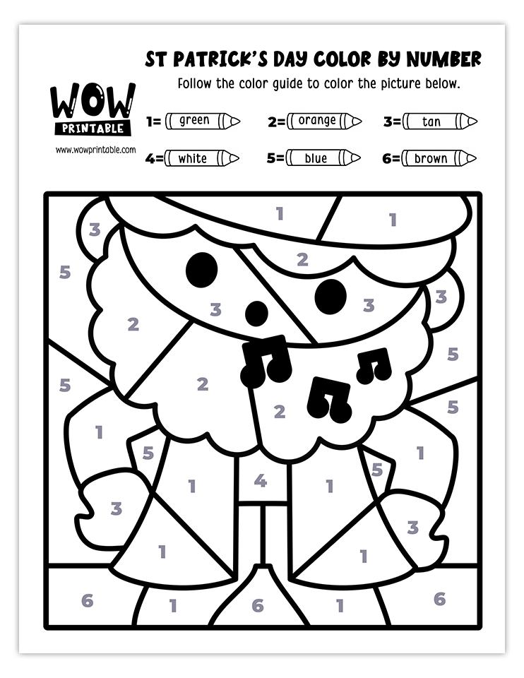 Color by number worksheet featuring a singing leprechaun with festive St. Patrick's Day symbols, perfect for creative kids' activities.