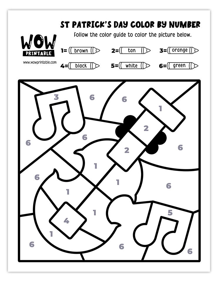 Color by number worksheet featuring a violin and music notes, perfect for celebrating St. Patrick's Day with creative kids' activities.