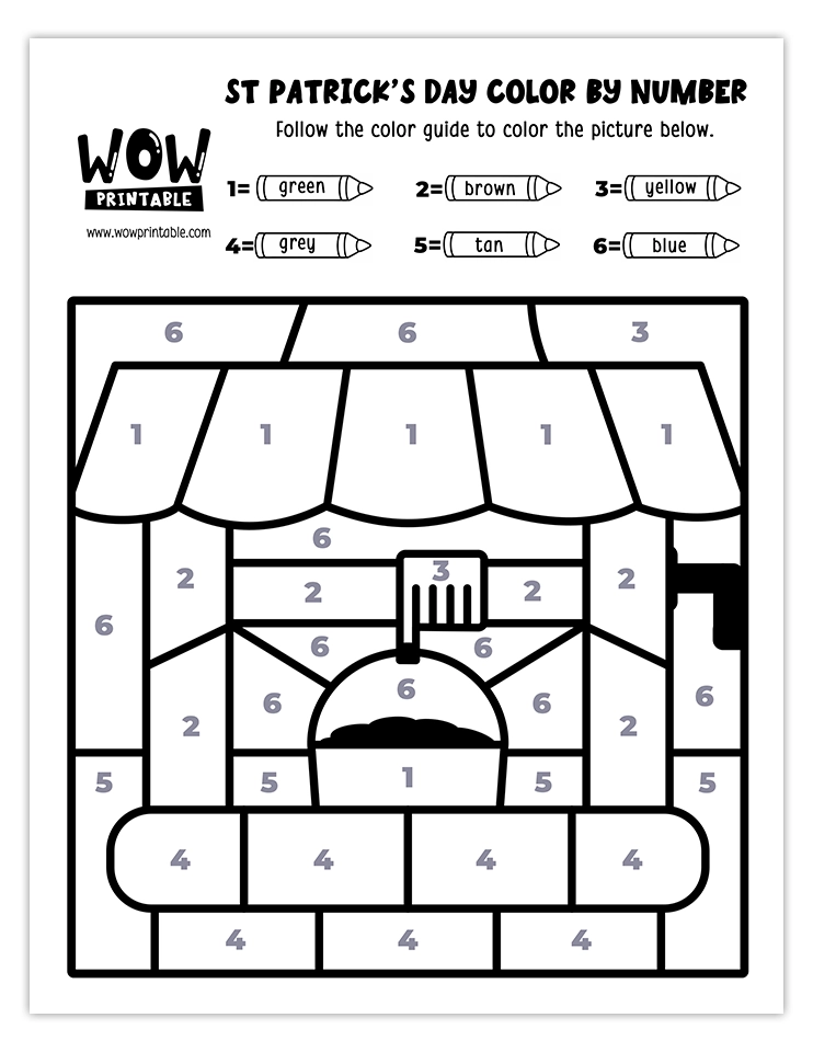 Color by number worksheet featuring a wishing well with festive colors, ideal for creative St. Patrick's Day kids' activities.