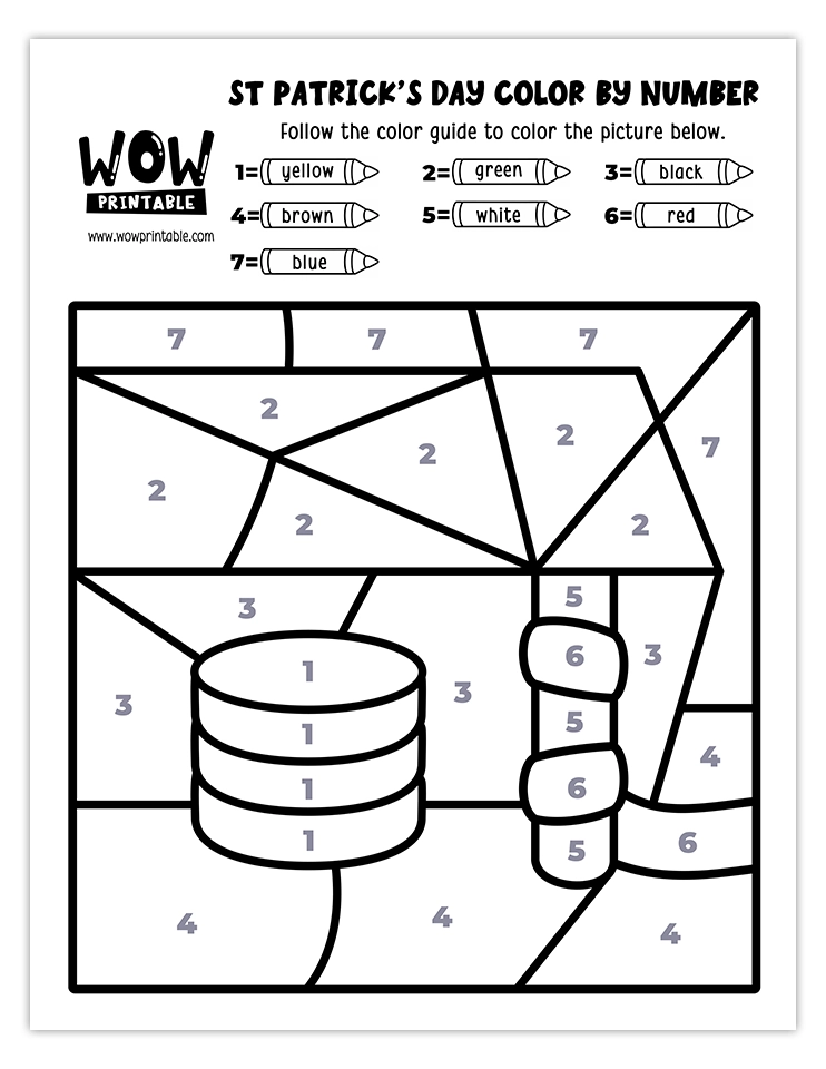 Color by number worksheet featuring a stack of gold coins with festive decorations, perfect for St. Patrick's Day creative activities.